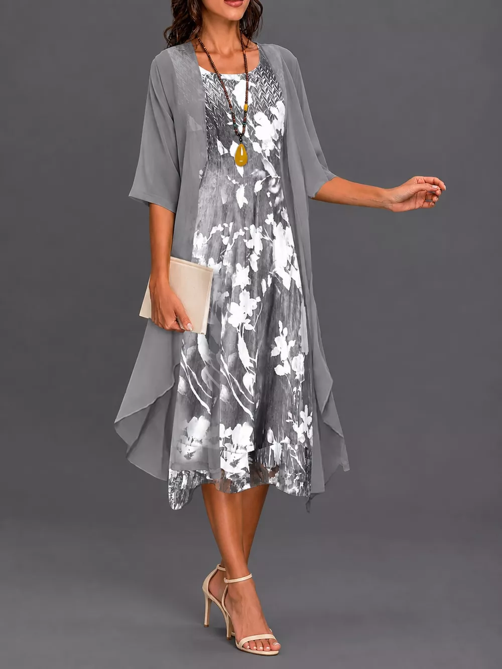 Full Size Floral Print Midi Dress and Chiffon Cardigan Set Plus Size, image 10