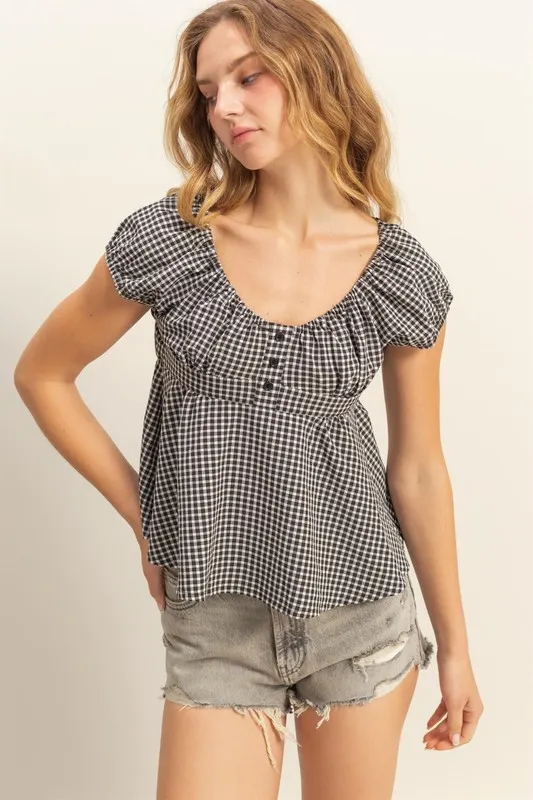 Gingham Scoop Neck Cap Sleeve Blouse