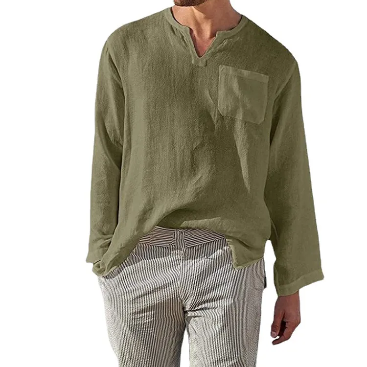 Men's Full Size Casual Notched Linen Long Sleeve Top Plus Size, image 4
