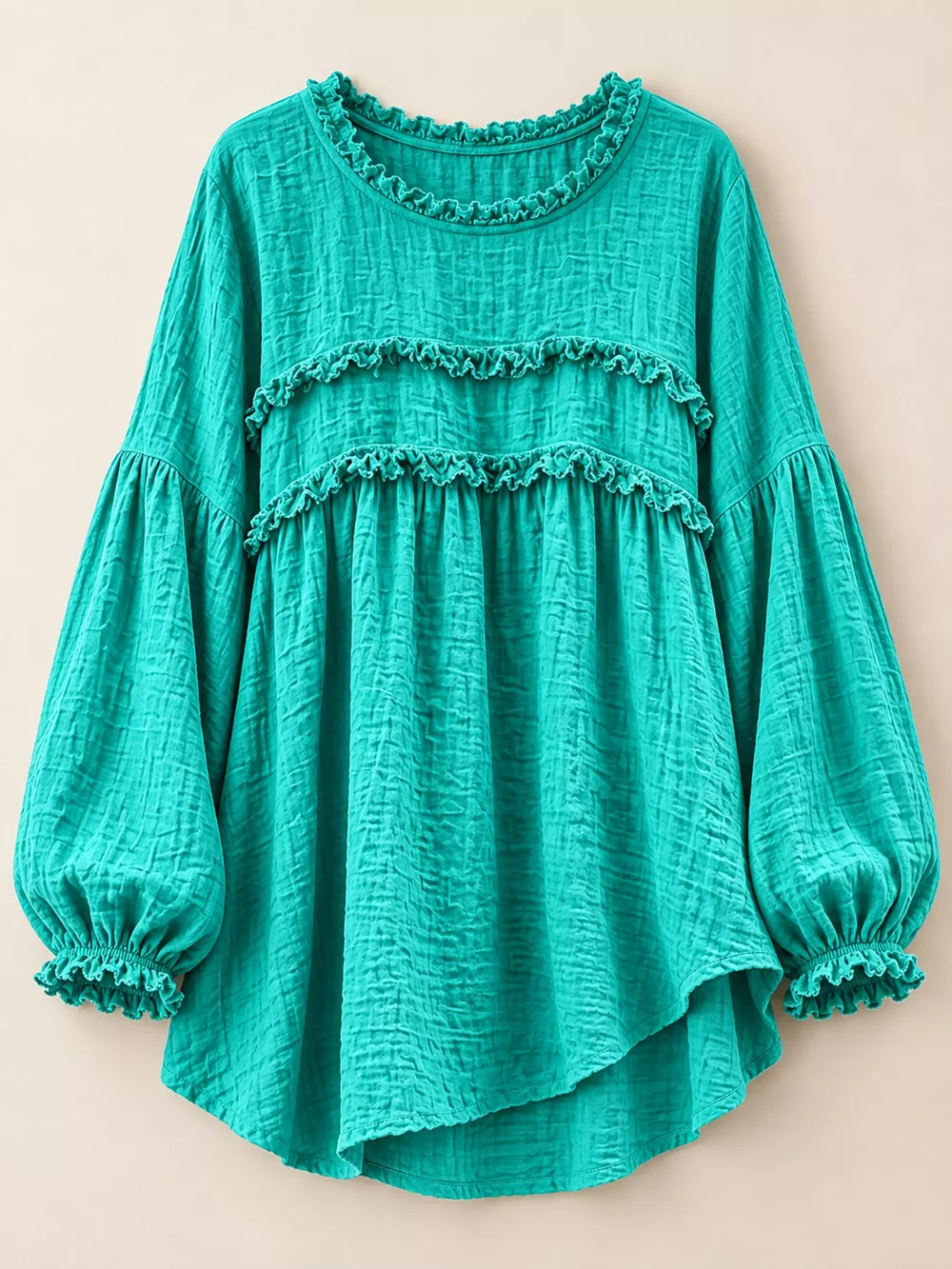 Full Size Boho Chic Textured Frayed Trim Peplum Blouse Plus Size, image 32
