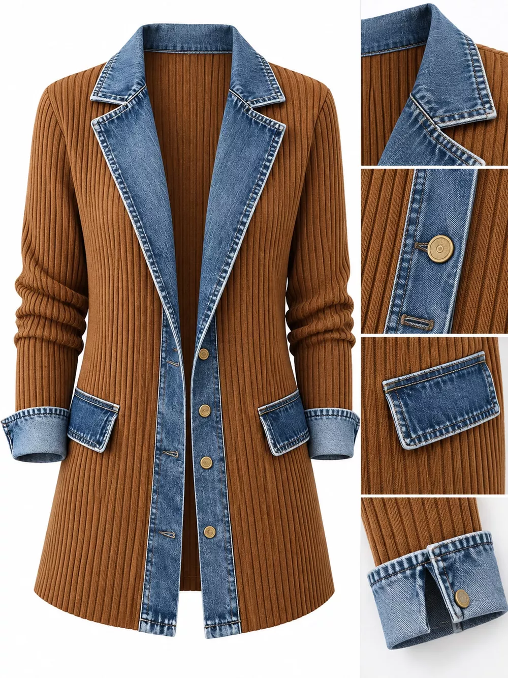 Full Size Denim Trim Ribbed Knit Cardigan Plus Size, image 12