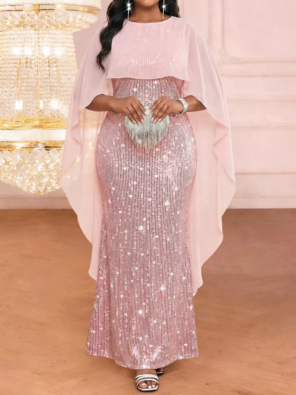 Sequin Cape Overlay Evening Dress, image 3