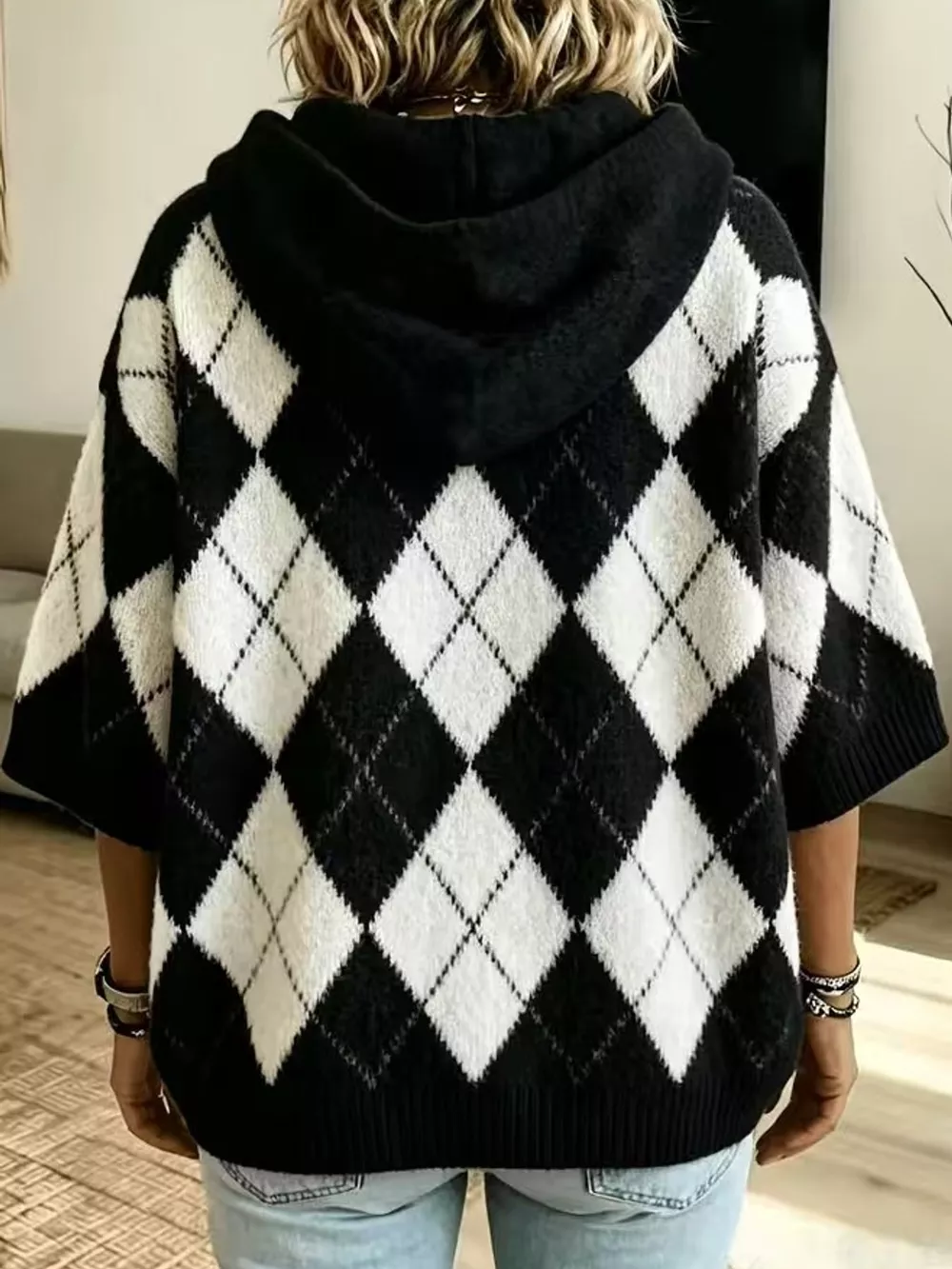 Full Size Argyle Pattern Hooded Sweater Plus Size, image 9