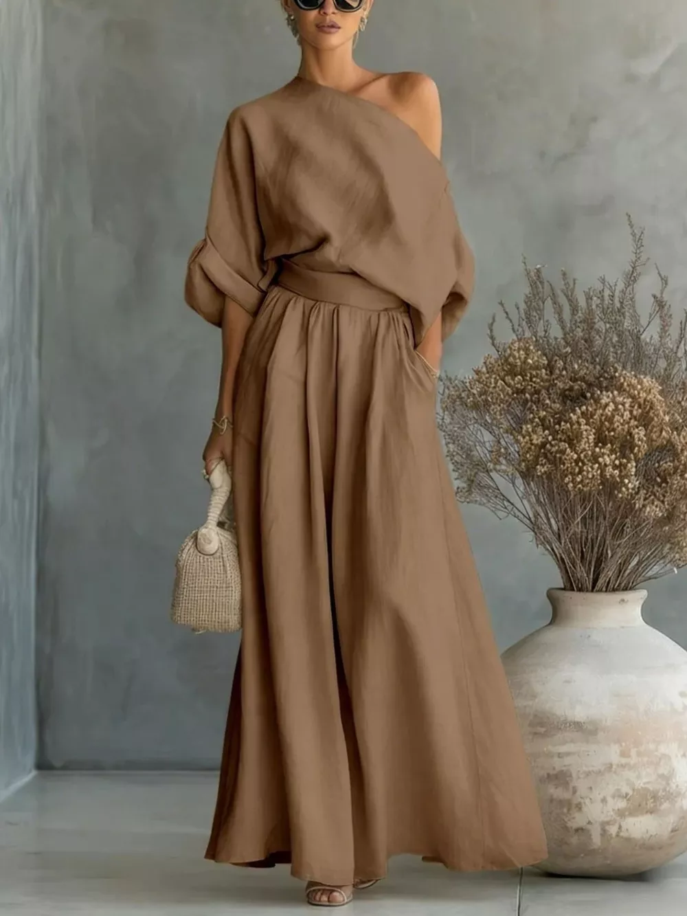 Full Size One Shoulder Top and Wide Leg Pants Set Plus Size, image 5