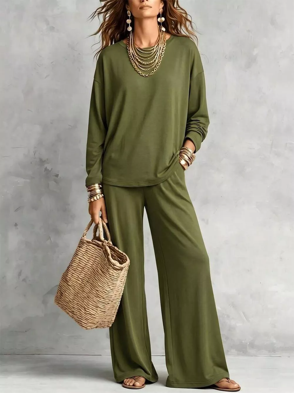 Round Neck T-Shirt and Wide-Leg Pants Set, image 2