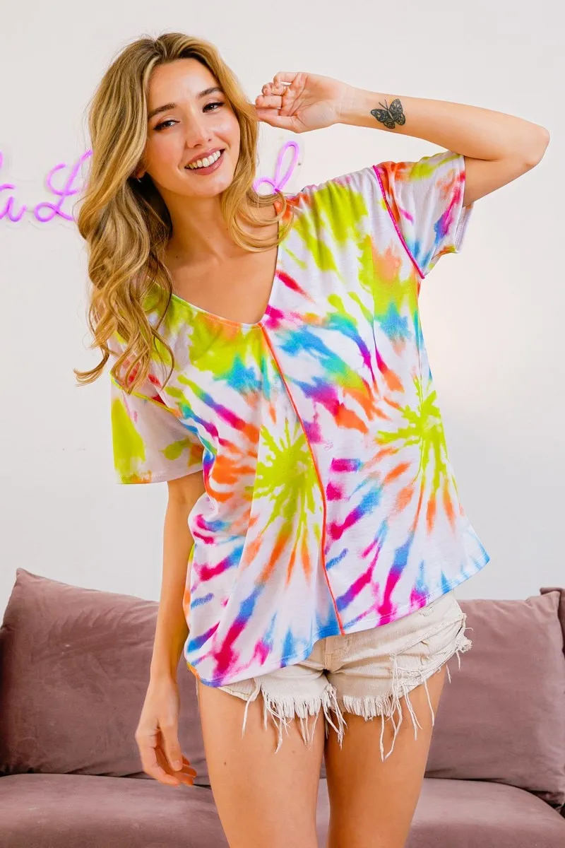 Tie Dye Print Jersey Stitched V Neck Top