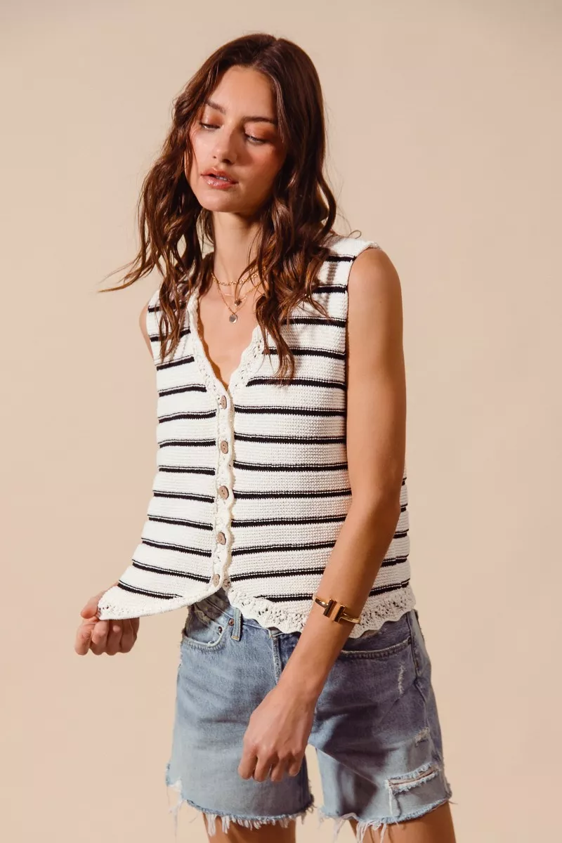 Buttoned Front Stripe Texture Knitted Sweater Vest, image 7