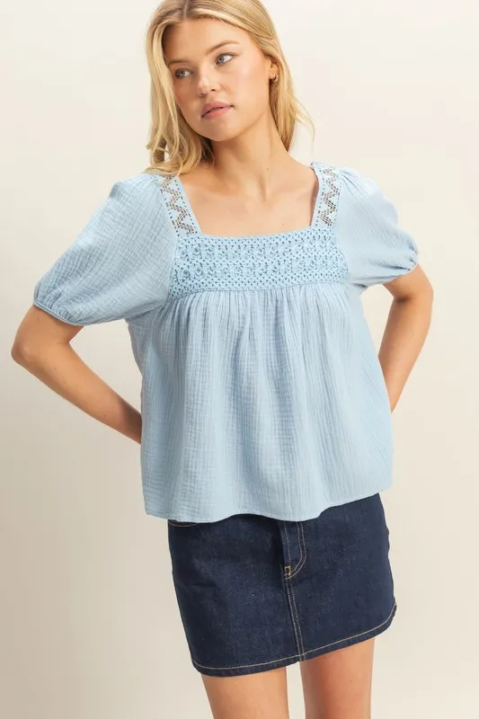 Crochet Detail Puff Sleeve Peasant Top