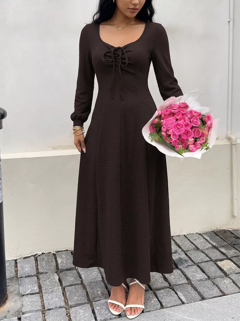 Long Sleeve Tie-Front Maxi Dress, image 3