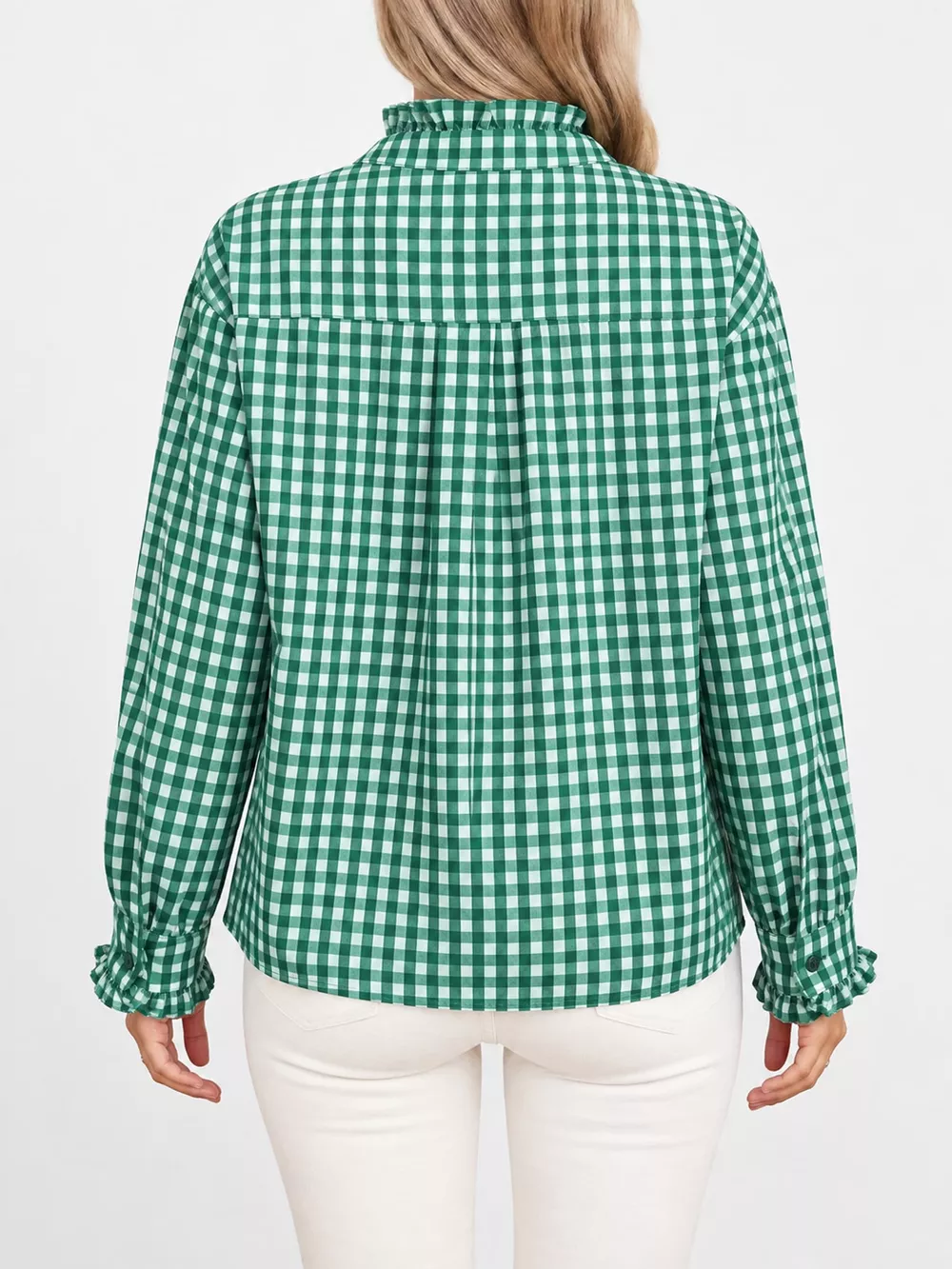 Gingham Ruffle Trim Stand Collar Shirt, image 10