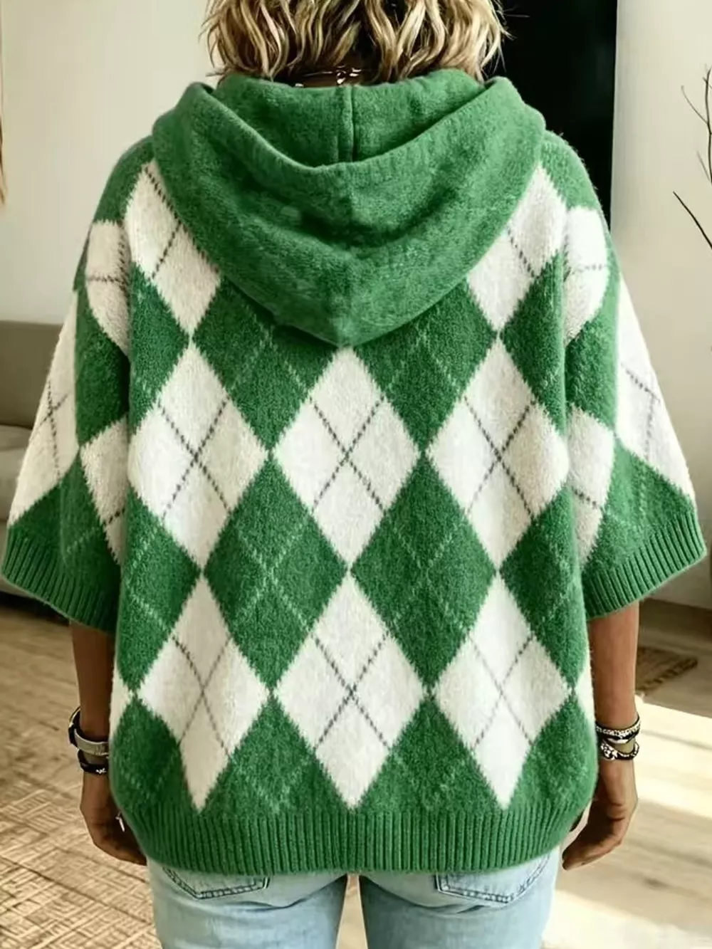 Full Size Argyle Pattern Hooded Sweater Plus Size, image 3