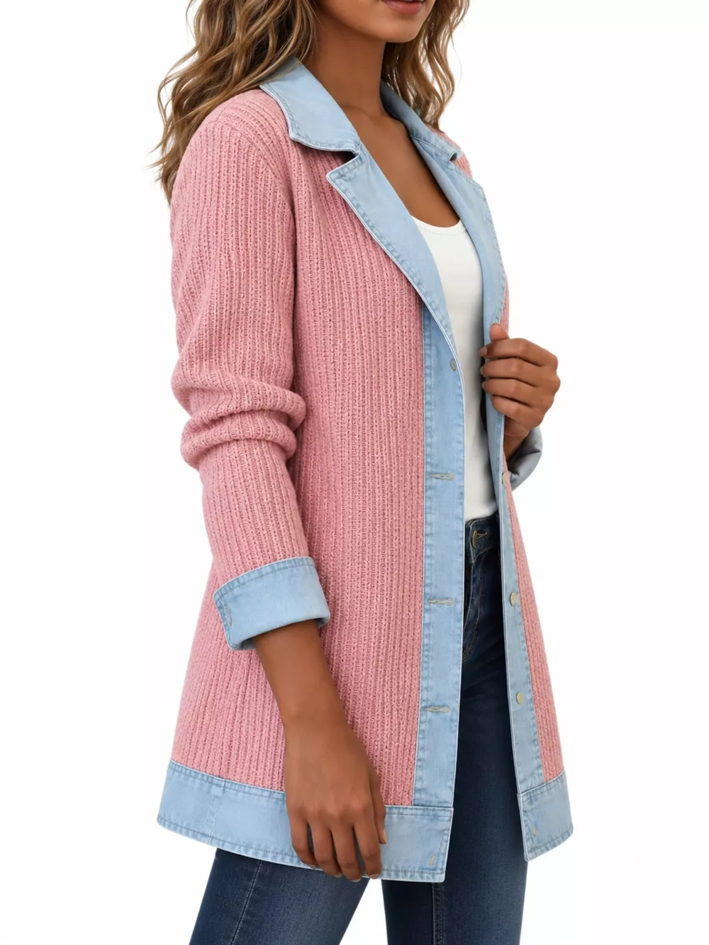 Full Size Denim Trim Ribbed Knit Cardigan Plus Size, image 38