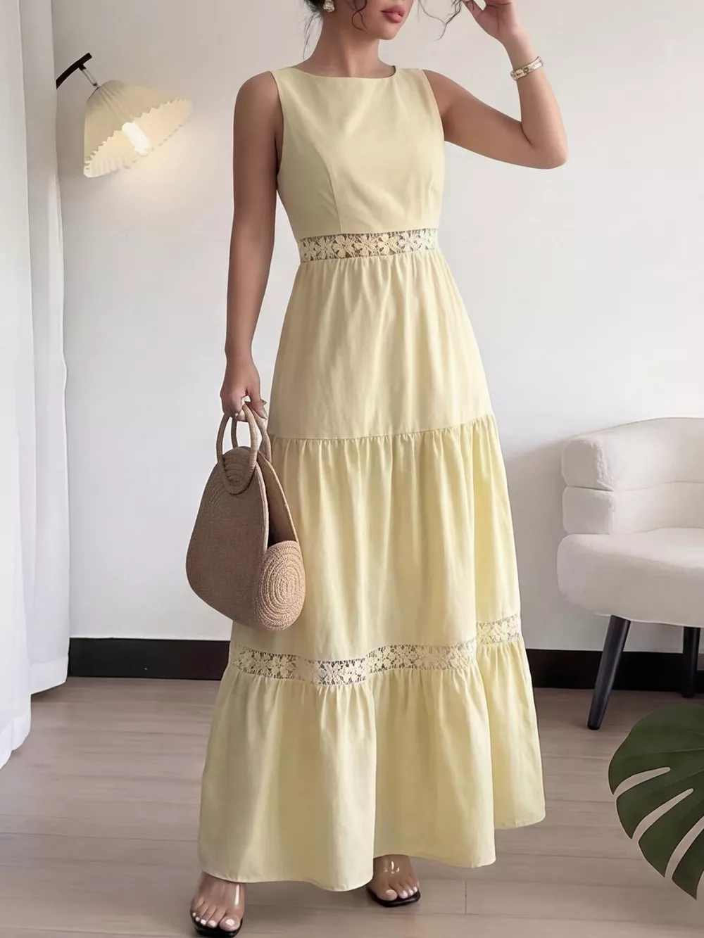 Sleeveless Tiered Lace Trim Maxi Dress, image 3