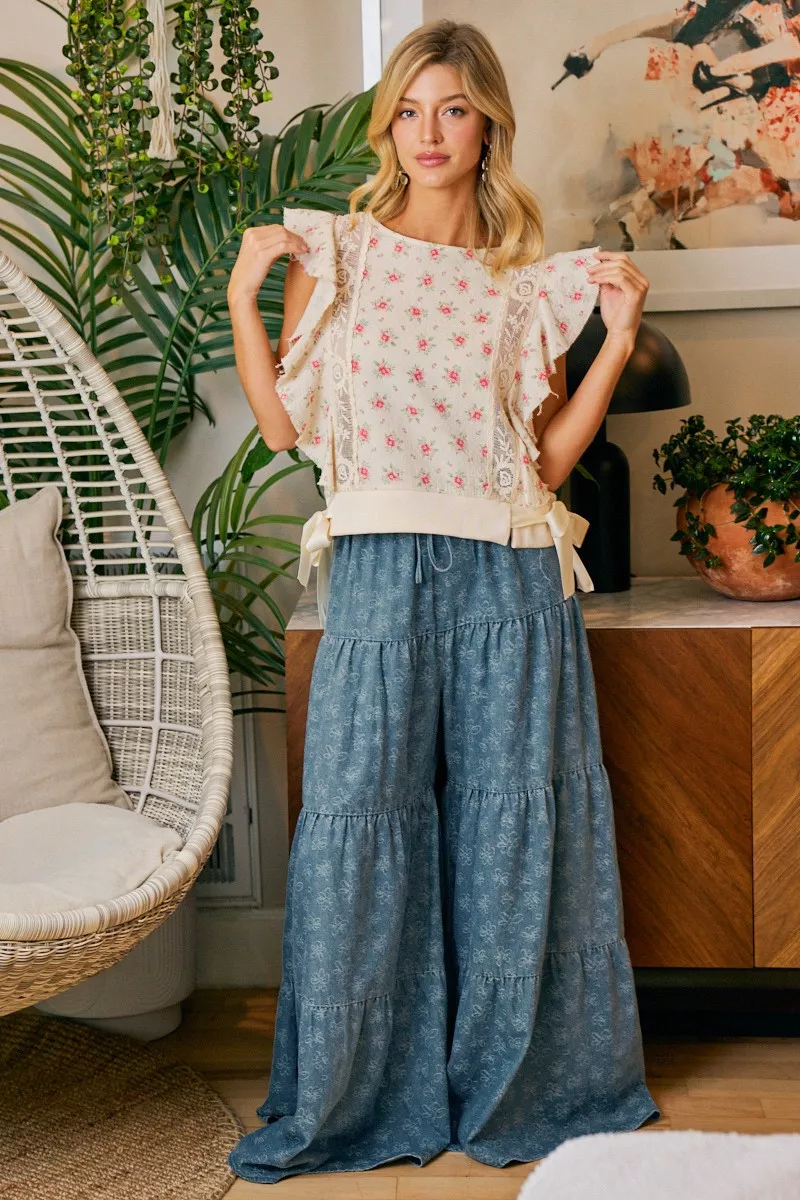 BiBi Flower Printed Ruffle Sleeve Trim Detail Top, image 27