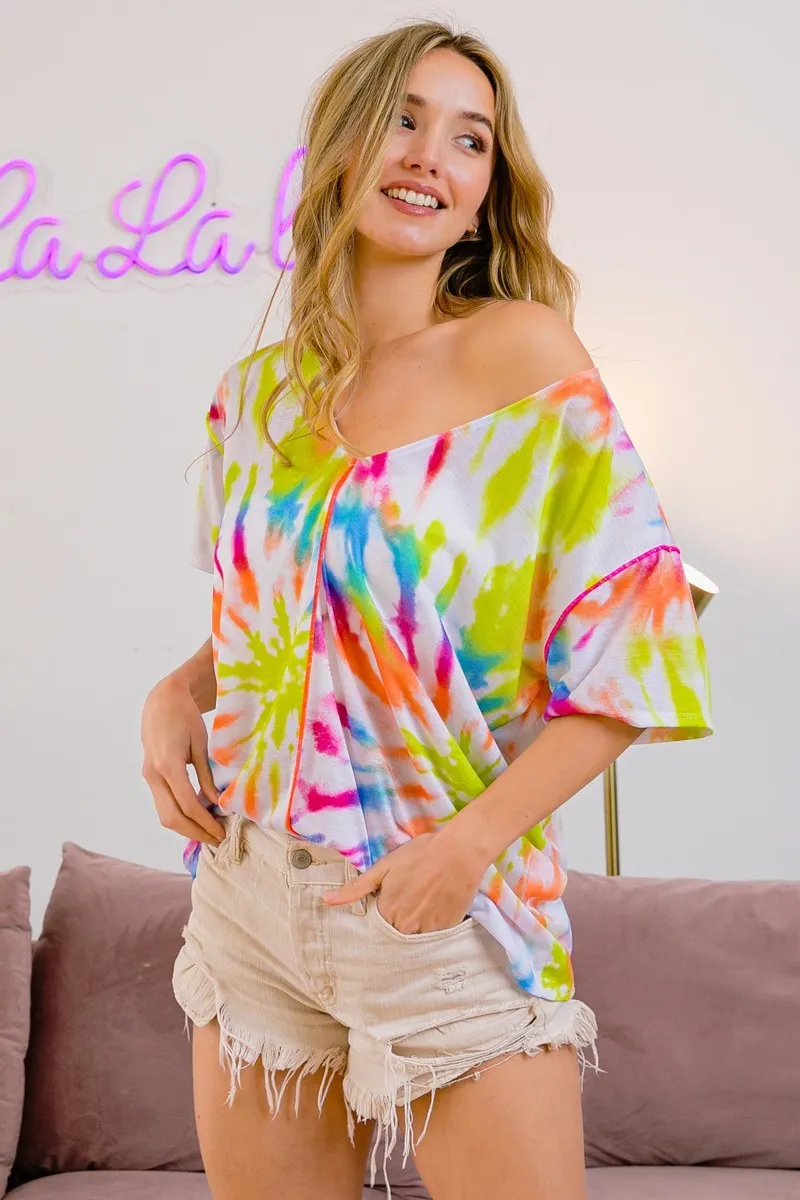Tie Dye Print Jersey Stitched V Neck Top, image 4