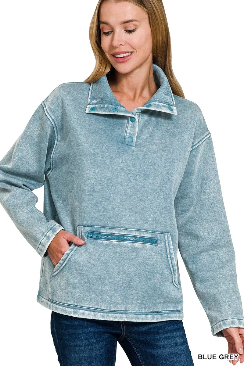 Fleece Washed High Neck Kangaroo Pocket Sweatshirt, image 4