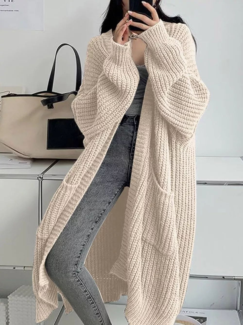 Full Size Chunky Knit Openwork Front Longline Cardigan Plus Size, image 12