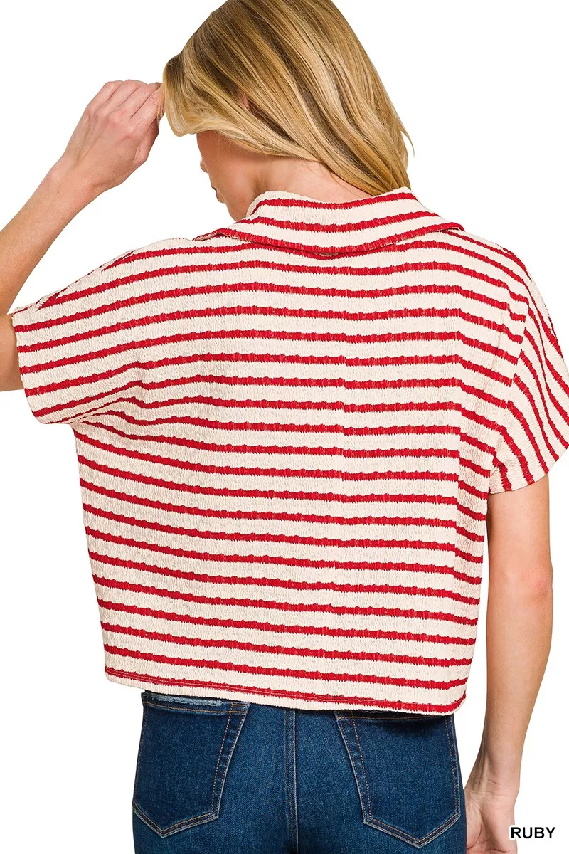 Striped Split Neck Collared Top, image 3