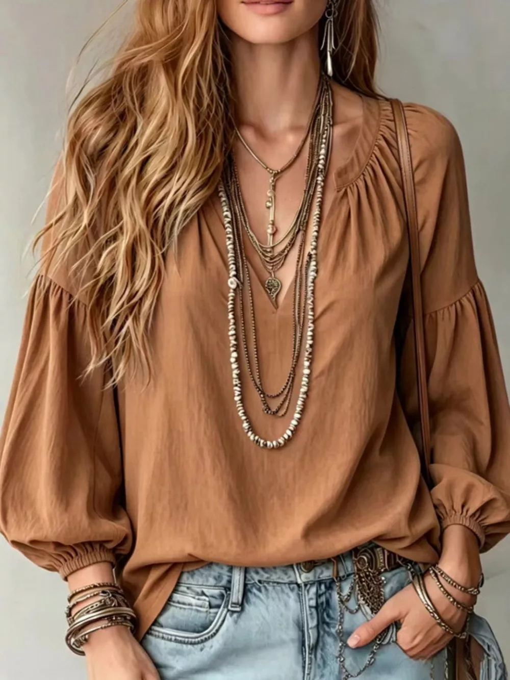 Full Size Notched Balloon Sleeve Blouse Plus Size, image 21