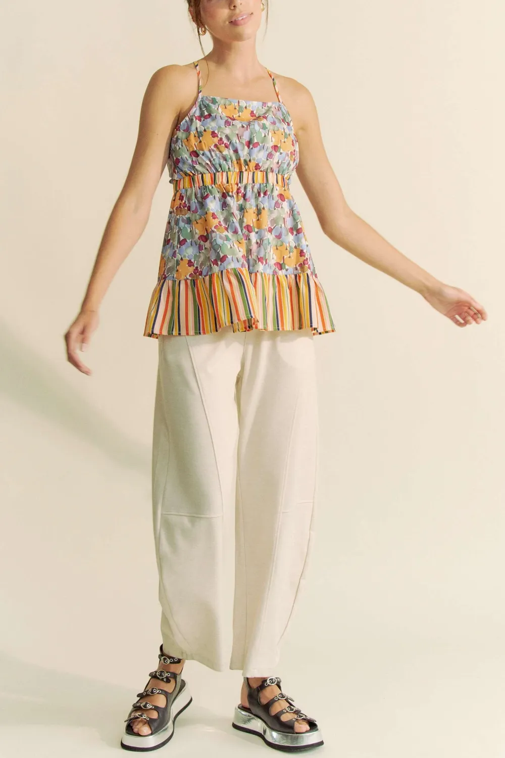 Floral Smocked Sleeveless Ruffle Back Tie Top, image 5
