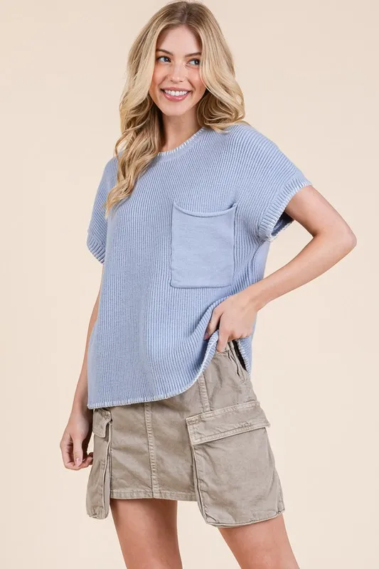 Solid Cap Sleeve Stitch Edge Knit Sweater, image 4