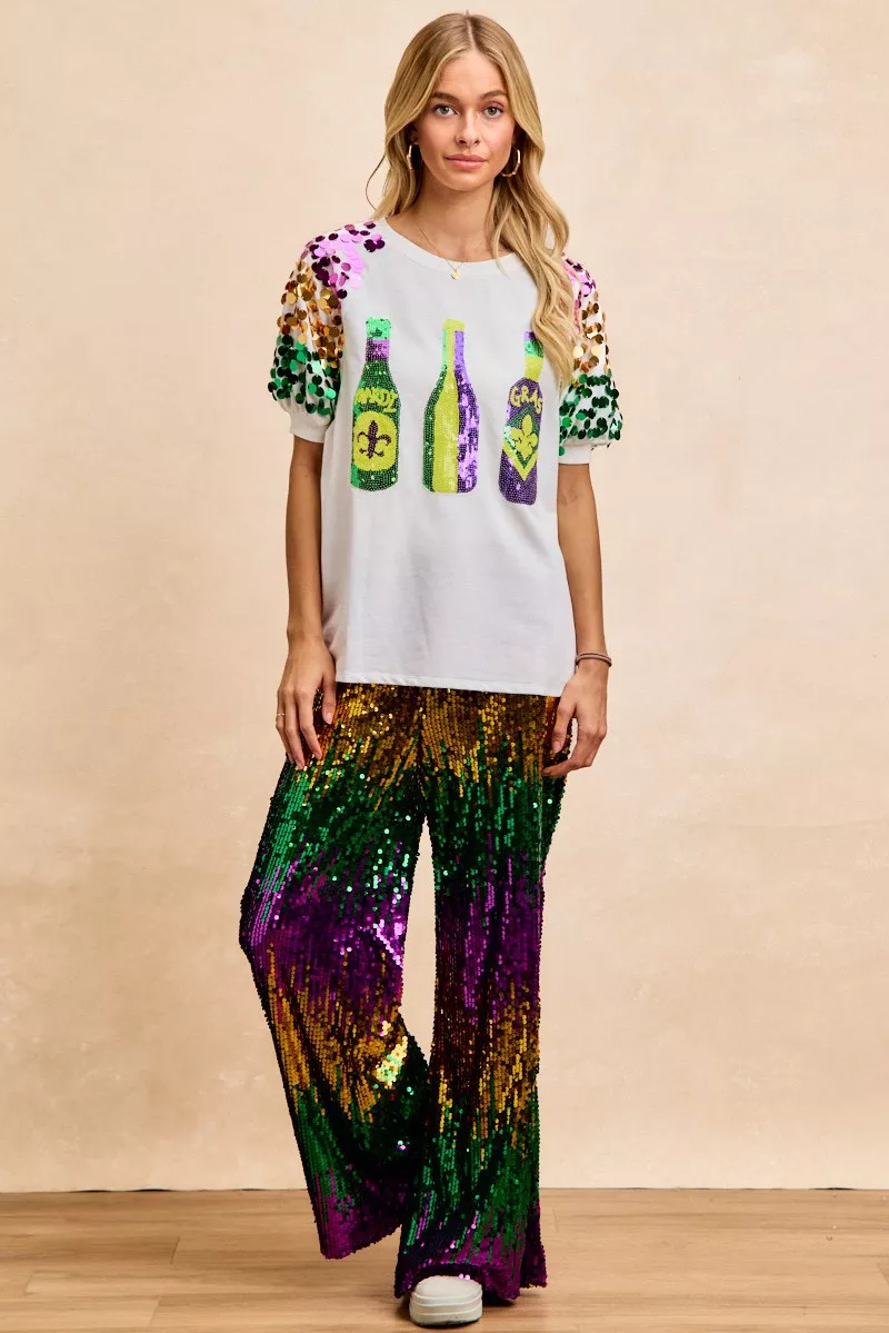 Sequin Mardi Gras Bottles Spangled Sleeve Top, image 13