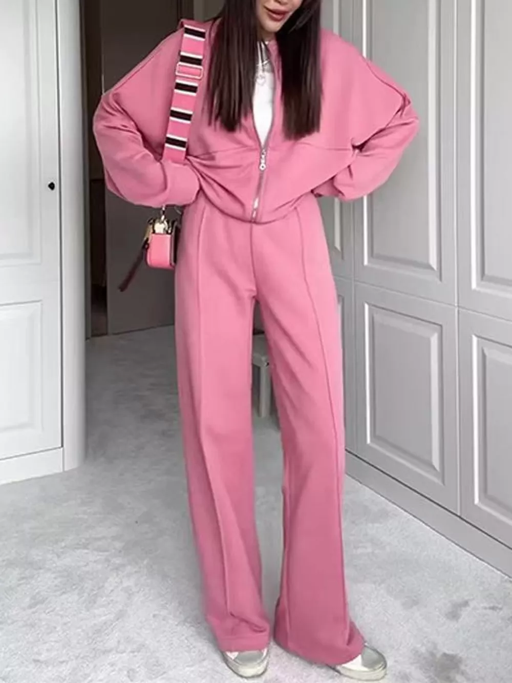 Casual Zip-Up Jacket and Wide-Leg Sweatpants Set, image 41