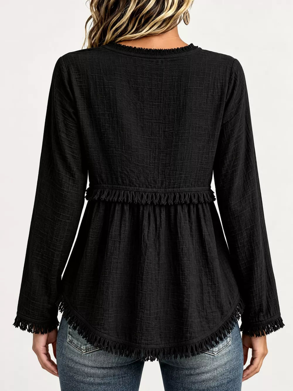 Full Size Fringed Trim V-Neck Long Sleeve Blouse Plus Size, image 24