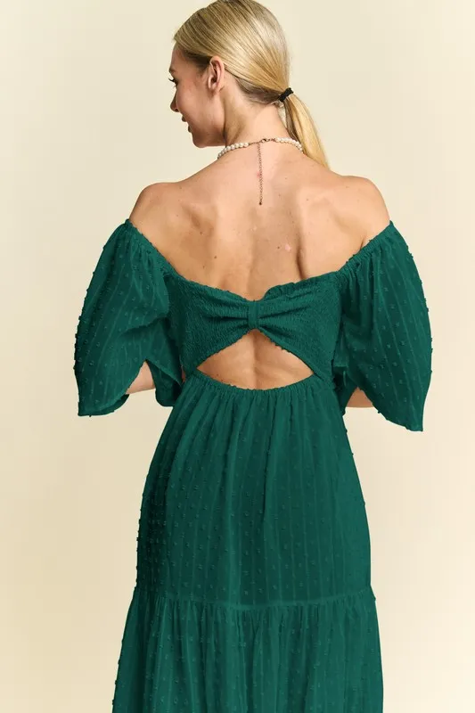 Swiss Dotted Ruched Ruffle Open Back Midi Dress, image 3