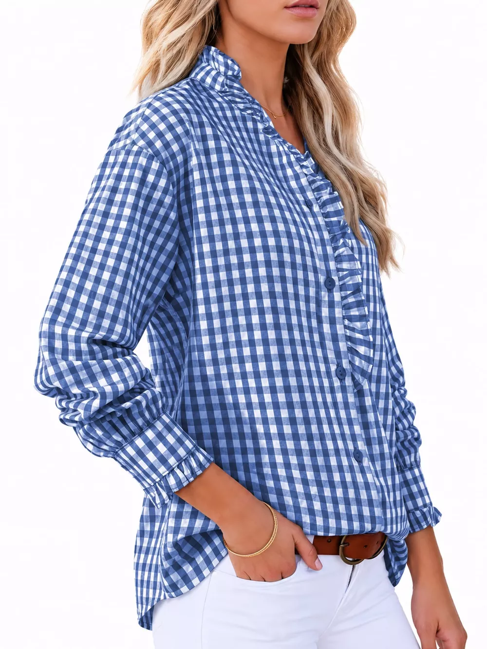 Gingham Ruffle Trim Stand Collar Shirt, image 23