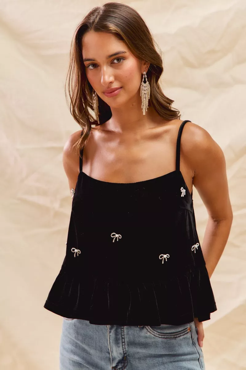 Holiday Velvet Ribbon Rhinestone Christmas Top