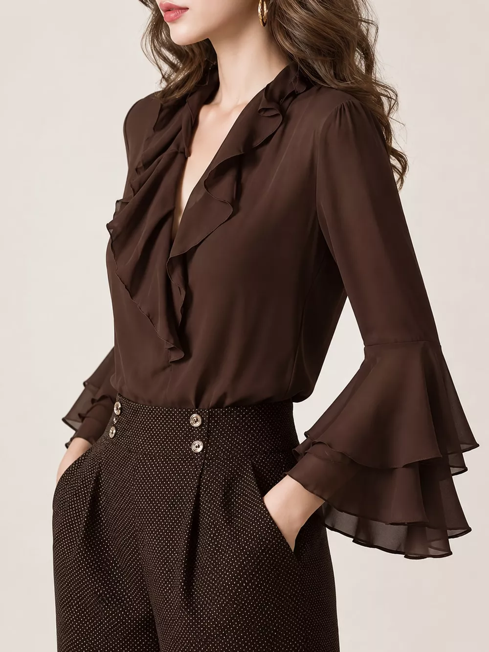 Ruffle-Trim V-Neck Blouse with Bell Sleeves, image 10