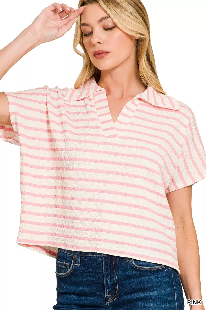 Striped Split Neck Collared Top