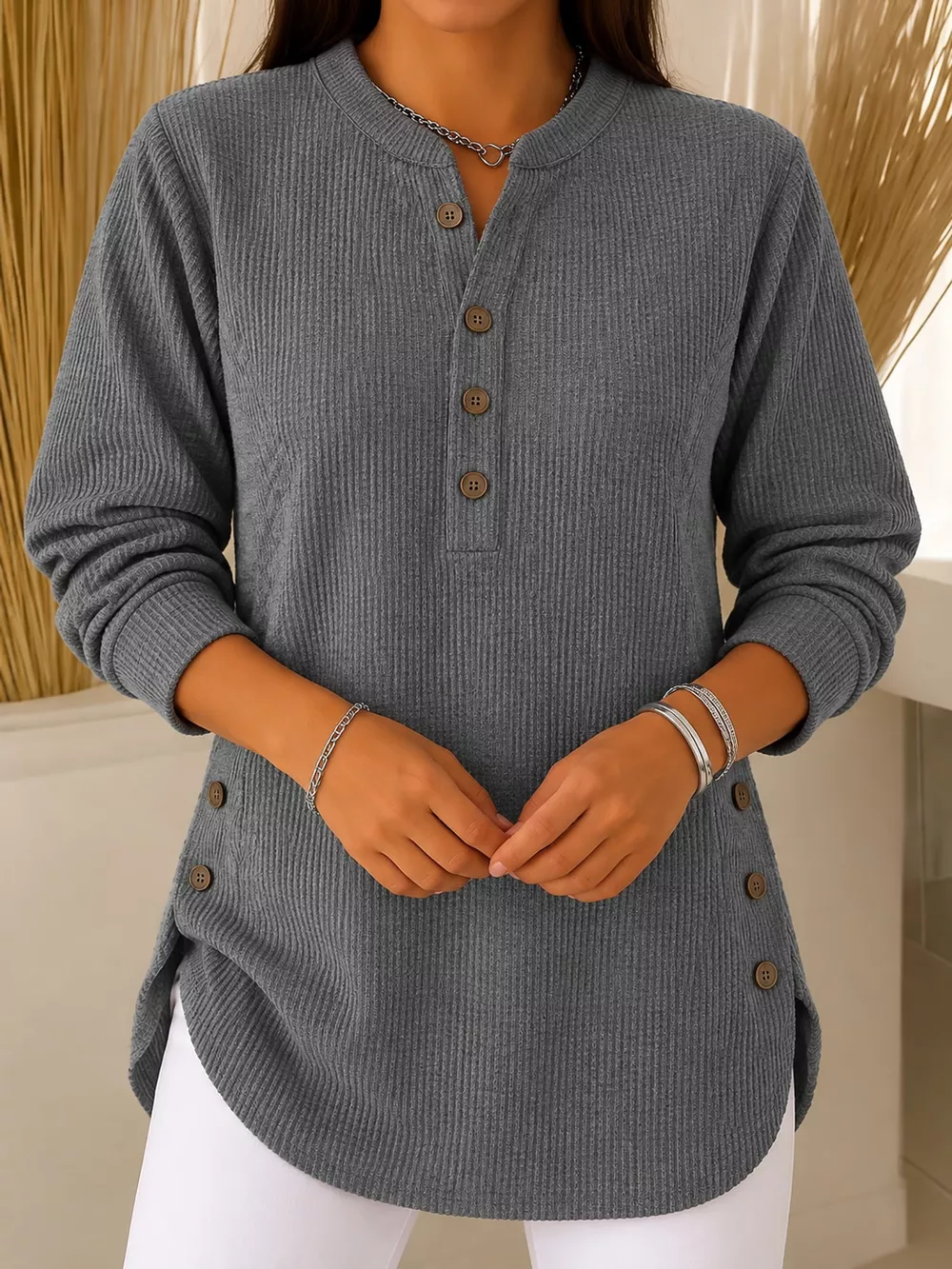 Full Size Button Detail Long Sleeve Top Plus Size, image 38