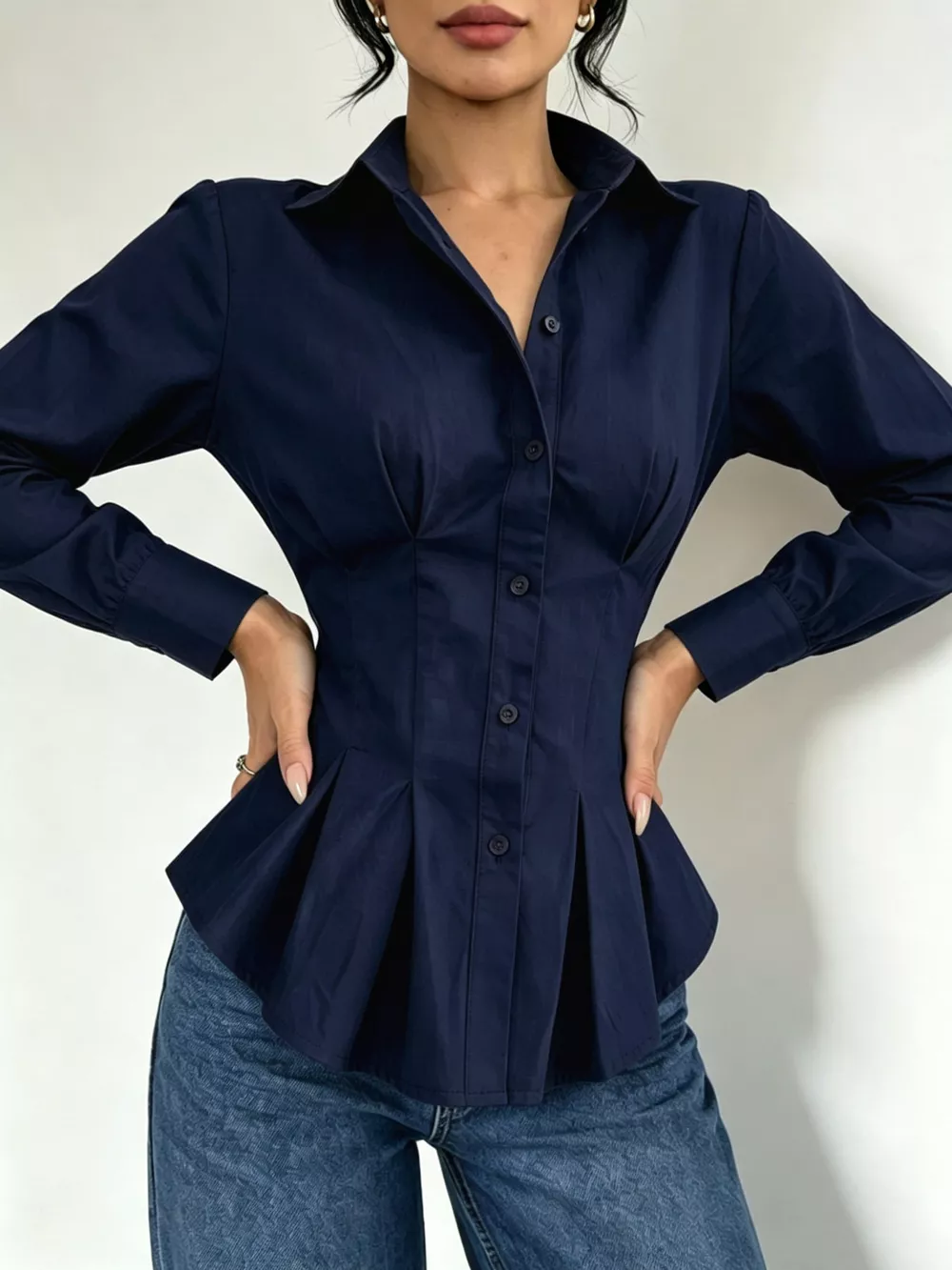 Button-Down Peplum Blouse with Fitted Waist, image 8