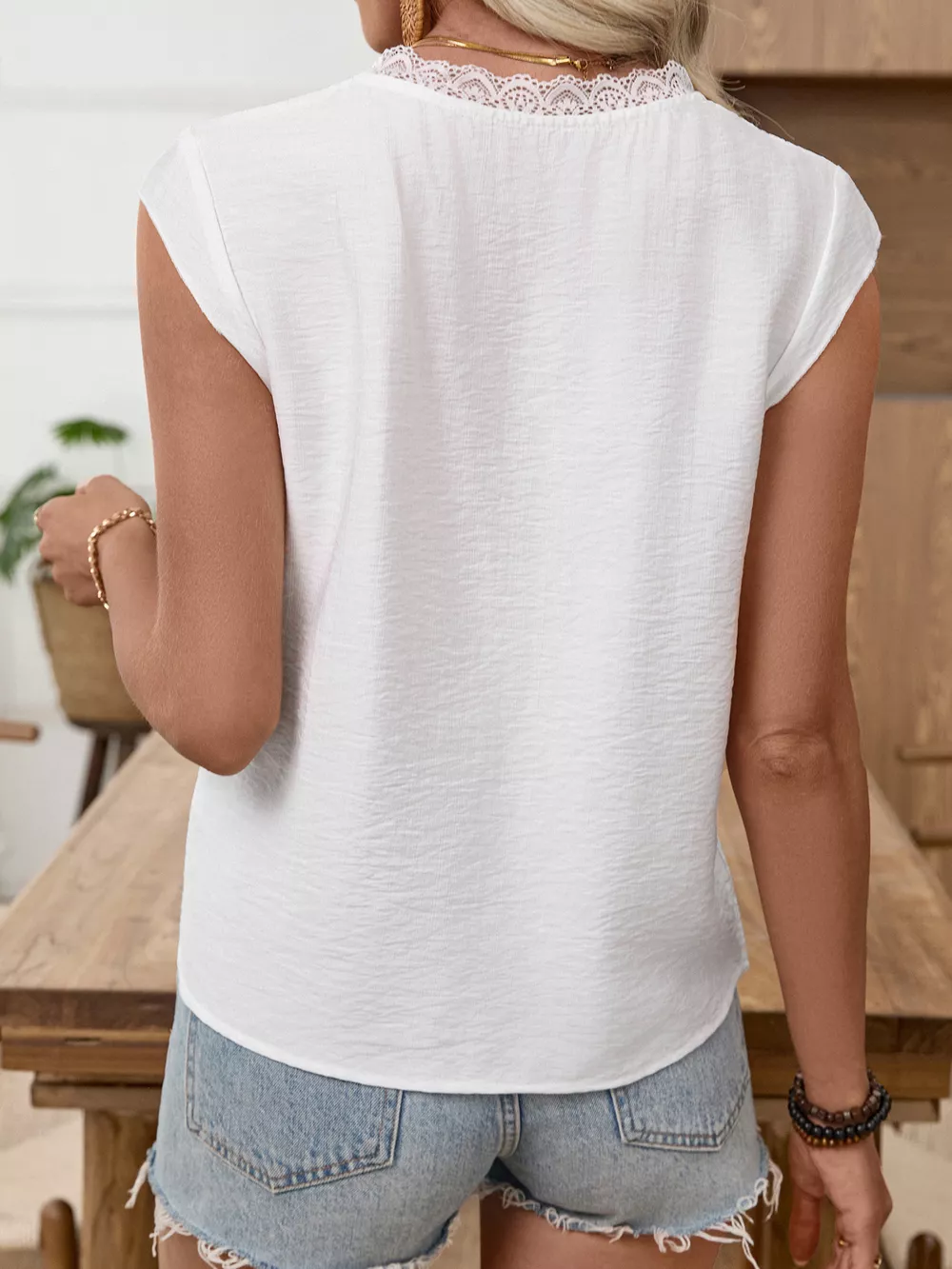 Lace Trim Notched Blouse, image 4