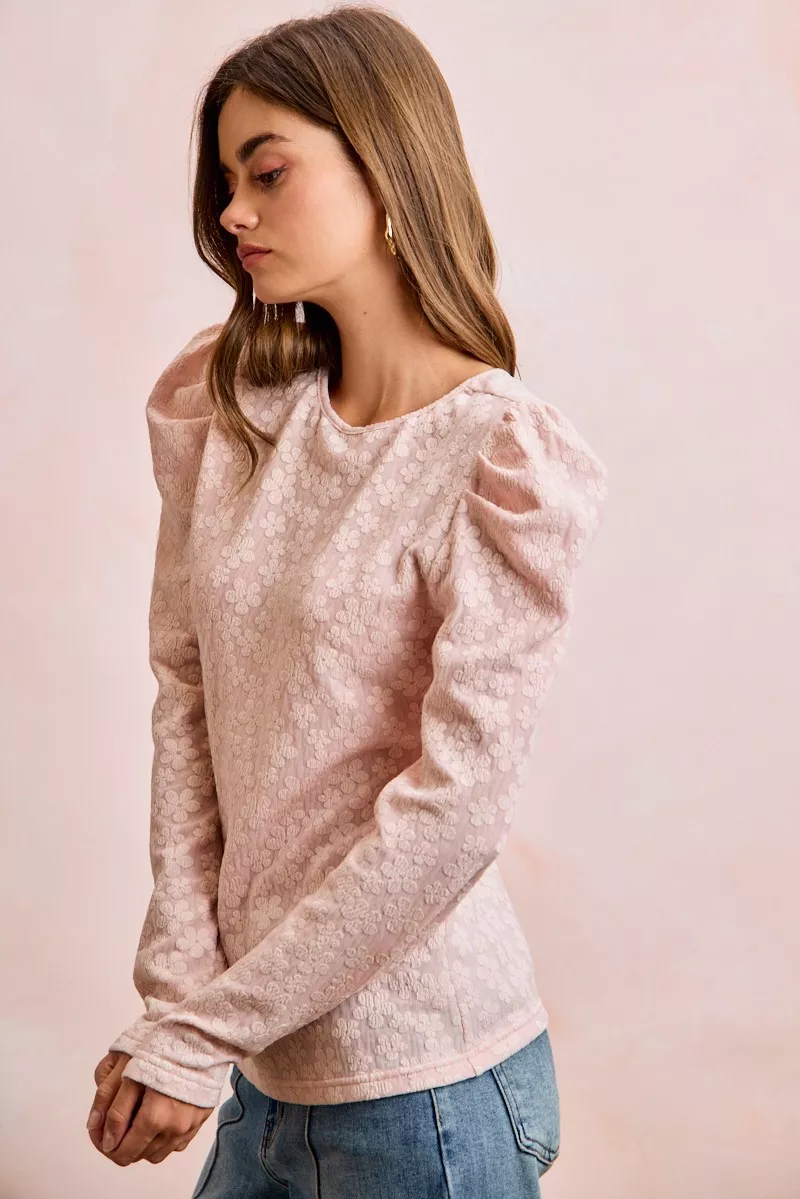 Textured Flower Knit Puff Shoulder Top, image 9