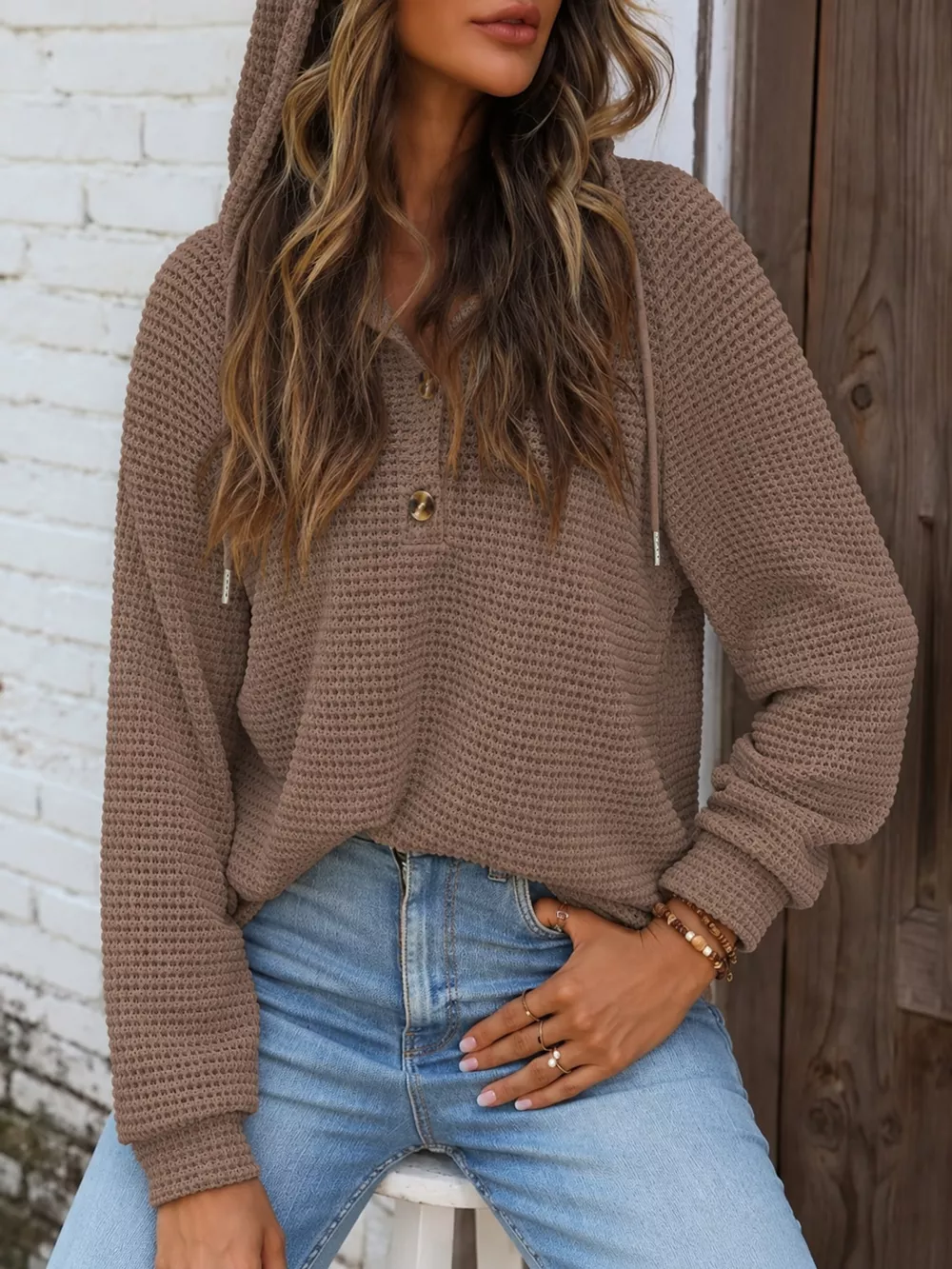 Full Size Waffle Knit Button Detail Hoodie Plus Size, image 49