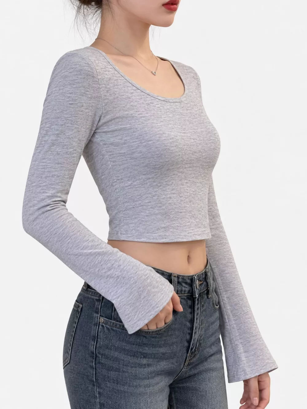 Slim-Fit Long Sleeve U-Neck Cropped T-Shirt, image 9