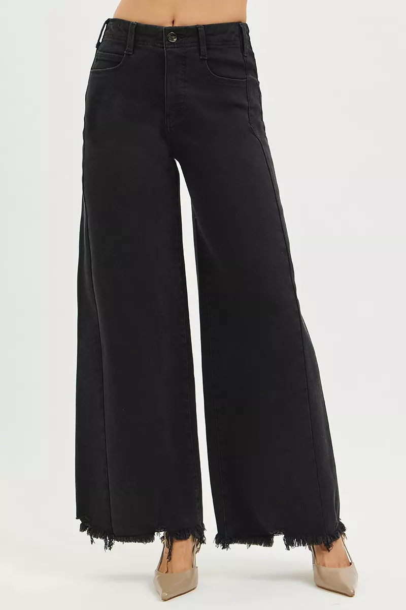 Tummy Control High Rise Palazzo Leg Frayed Hem Jeans, image 5