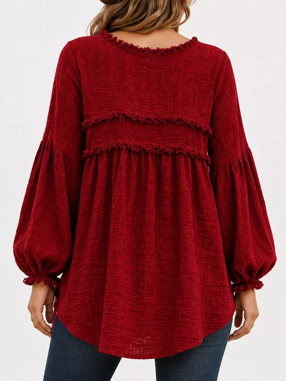Full Size Boho Chic Textured Frayed Trim Peplum Blouse Plus Size, image 17