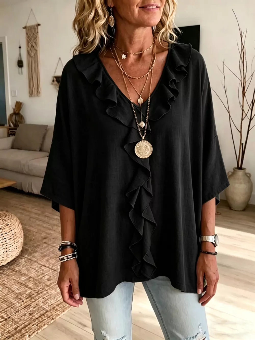 Full Size Ruffled V-Neck 3/4 Sleeve Blouse Plus Size, image 10