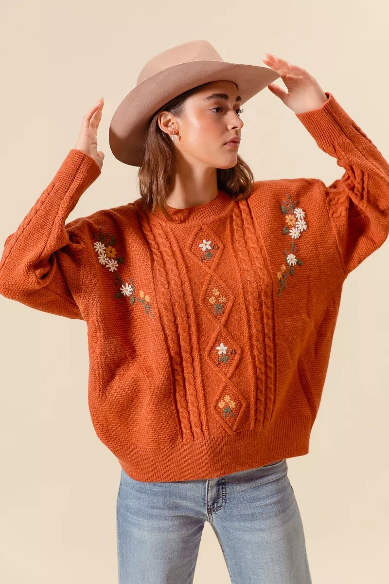 Embroidered Flower Cable Knitted Sweater