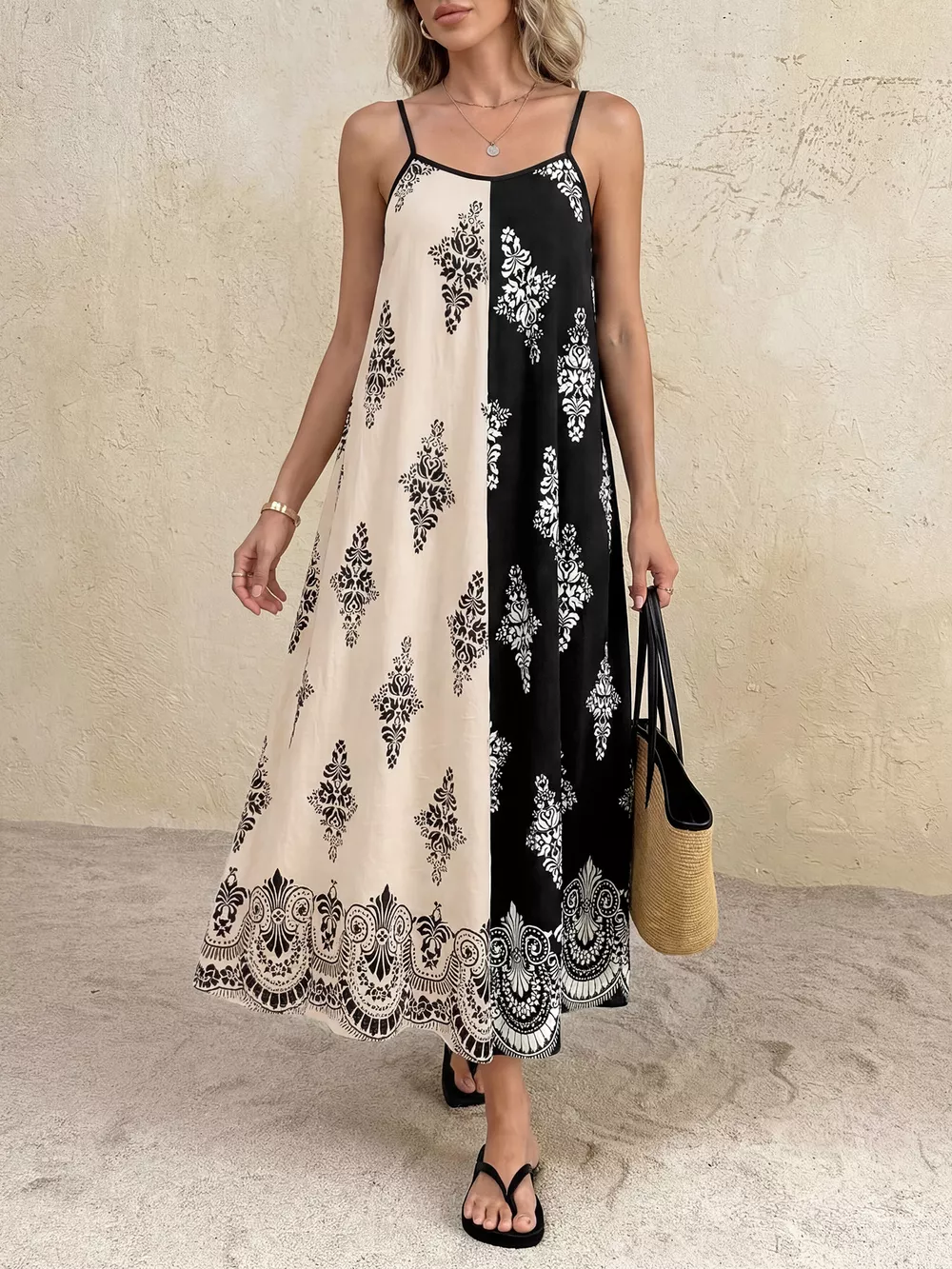 Color Block Floral Print Cami Dress