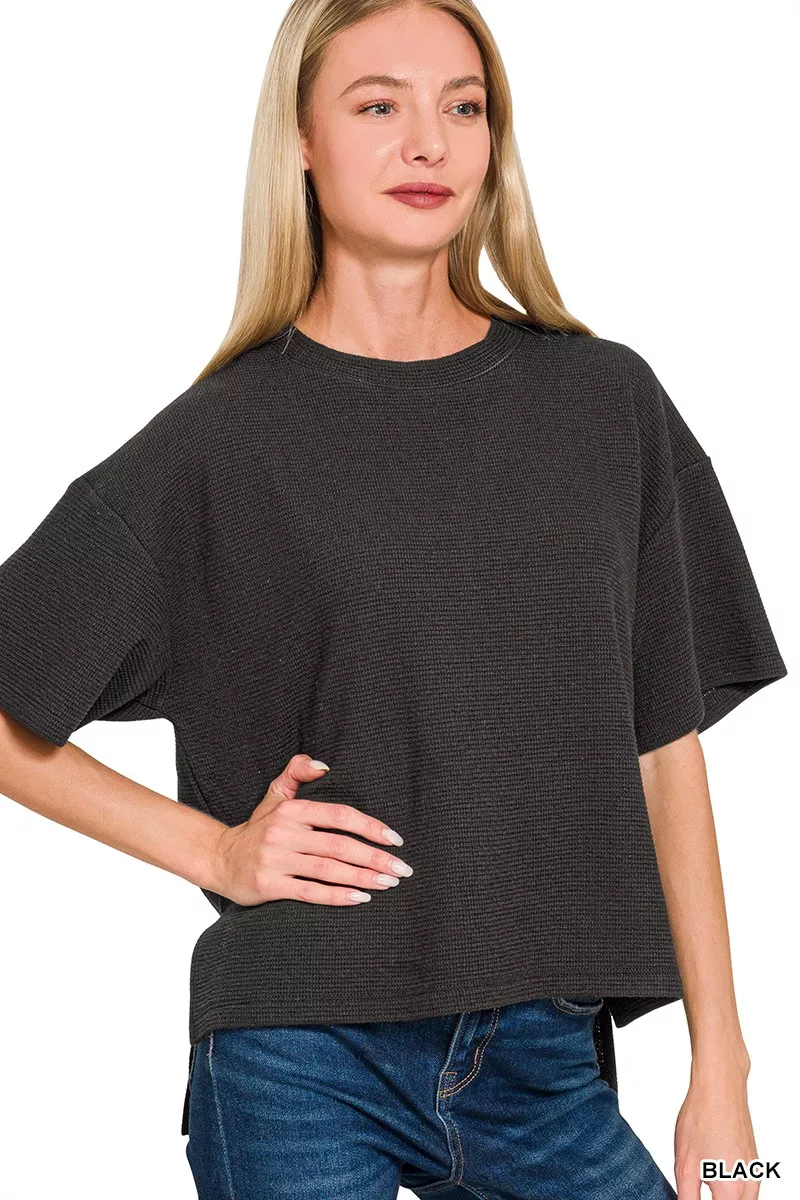 Full Size Double Knit Side Slits Hi Low Short Sleeve Top Plus Size