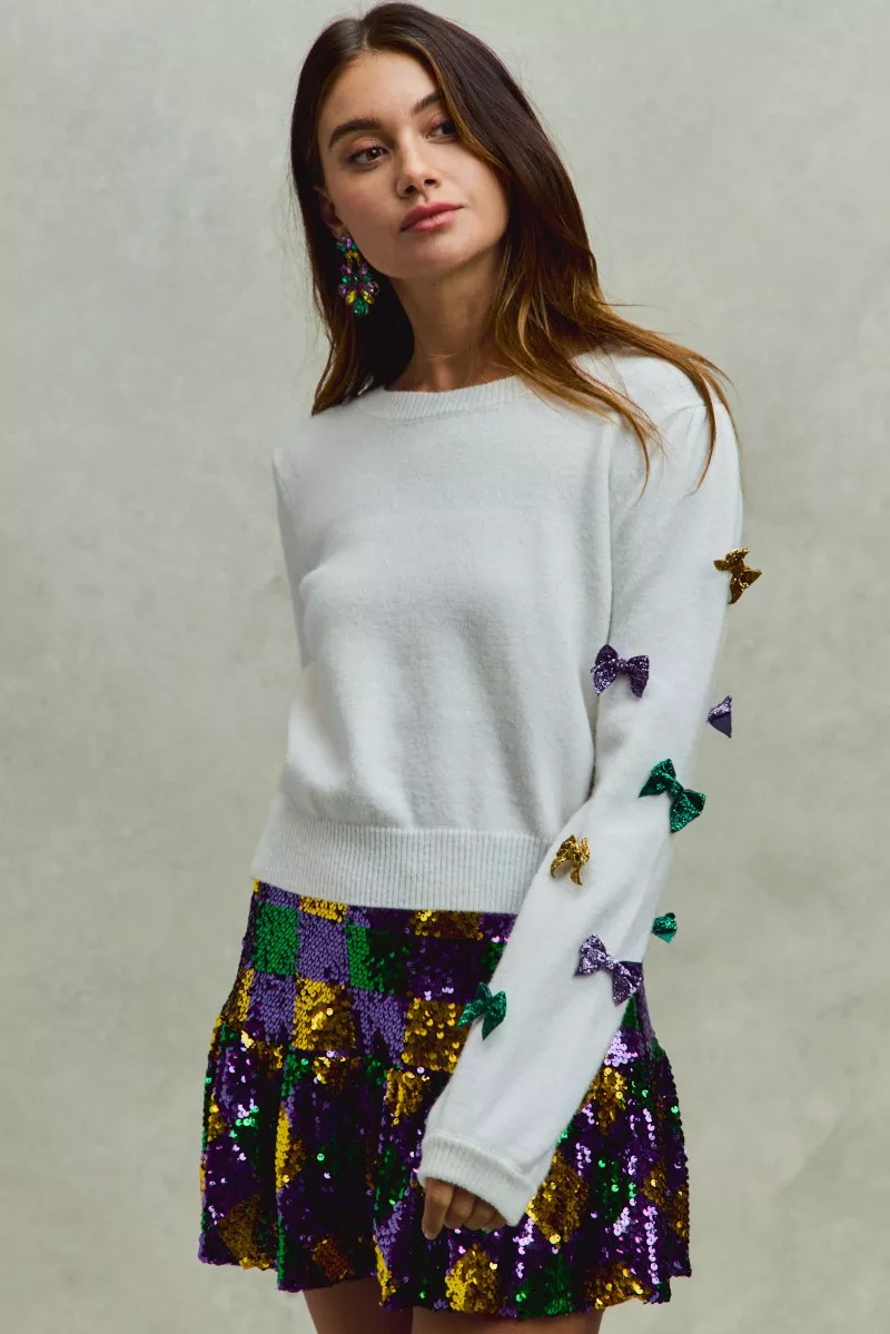 Mardi Gras Glitter Bow Ribbon Sweater Knit Top, image 7