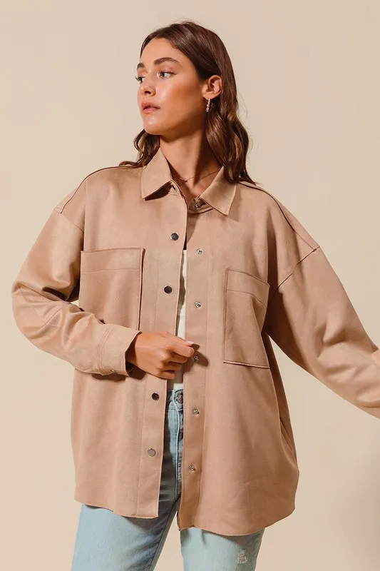 Faux Sued Snap Shacket with Collar and Pockets, image 7