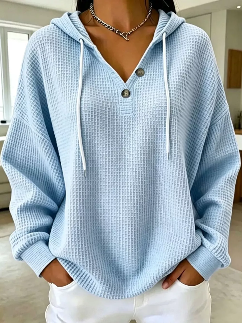 Full Size Waffle Knit Button Detail Hoodie Plus Size, image 4