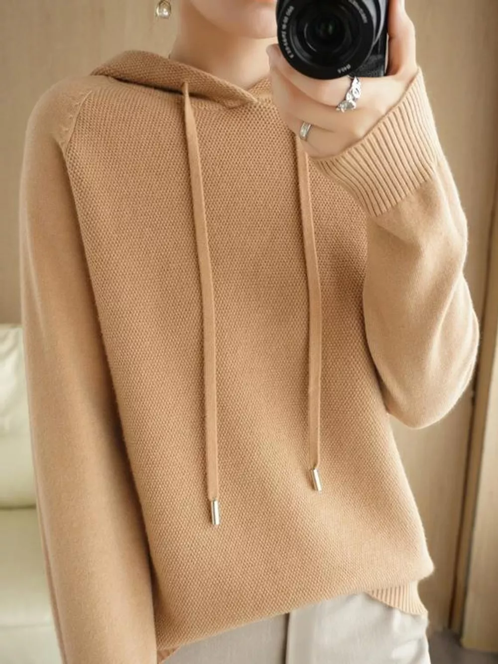 Drawstring Long Sleeve Hooded Knit Sweater, image 16