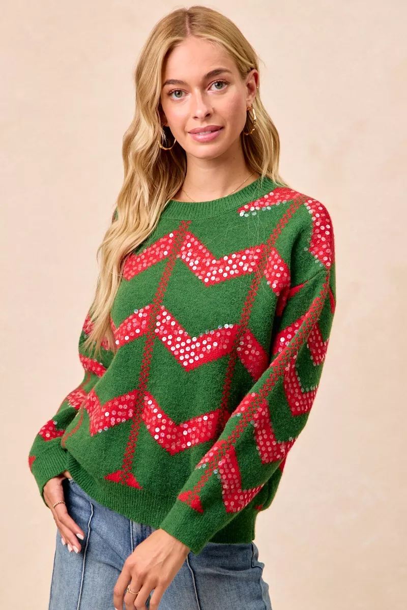 Christmas Theme Chevron Sequins Detail Sweater, image 6